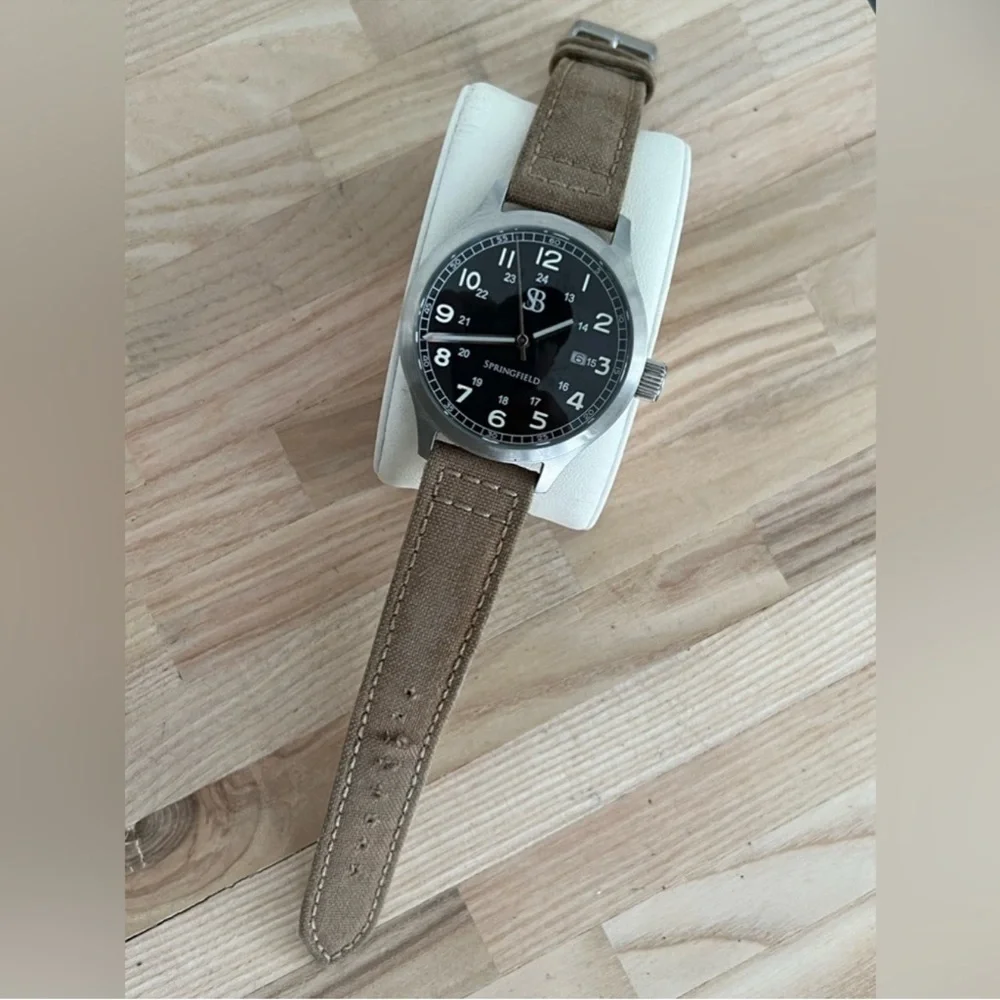 Smith & Bradley Men's Rare Vintage Watch Stainless Case Canvas Strap Black Dial